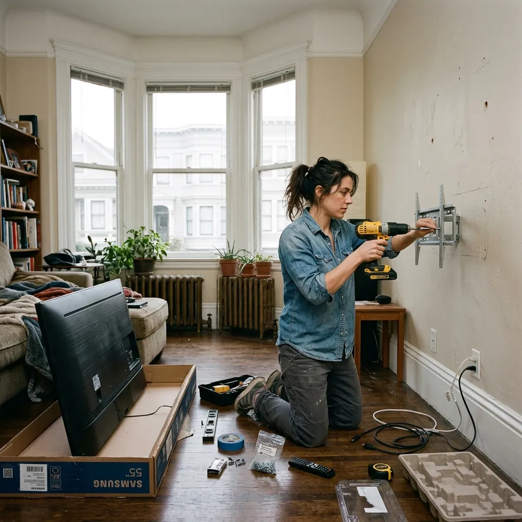 DIY TV mounting in a San Francisco bay-window flat — marking and drilling the bracket line by hand with the boxed television still on the floor.