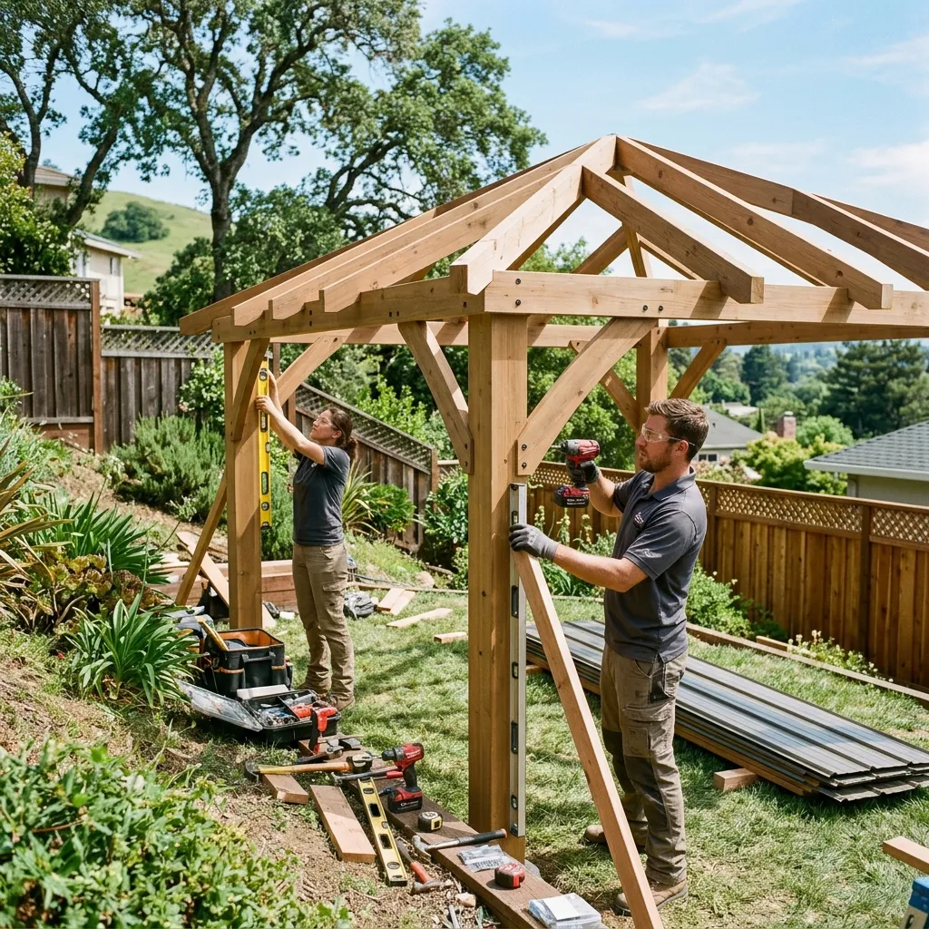 Gazebo installation in California — two builders squaring and fixing the timber frame of a hip-roof gazebo on a sloping back garden.