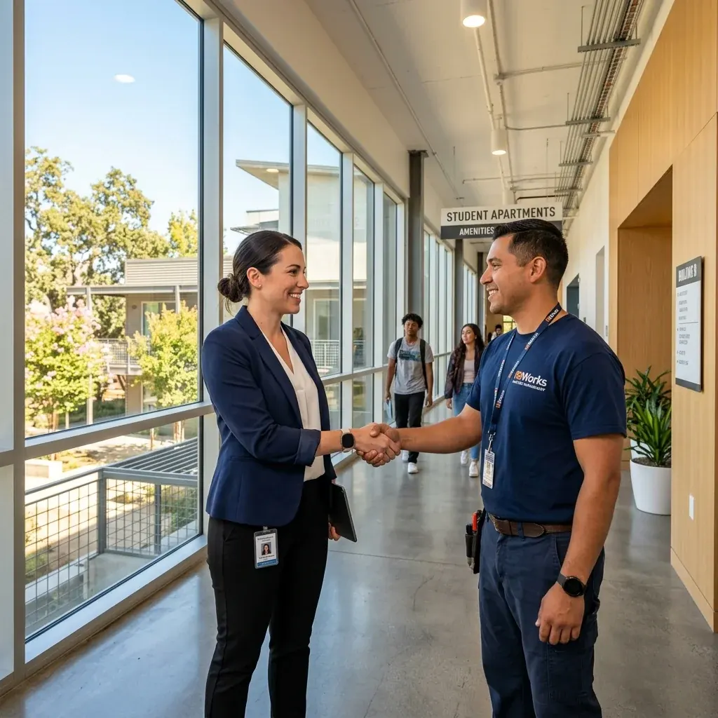 Commercial curtain and blind installation in Davis — an R8Works tech meeting a property manager on the walkway of a student apartment building