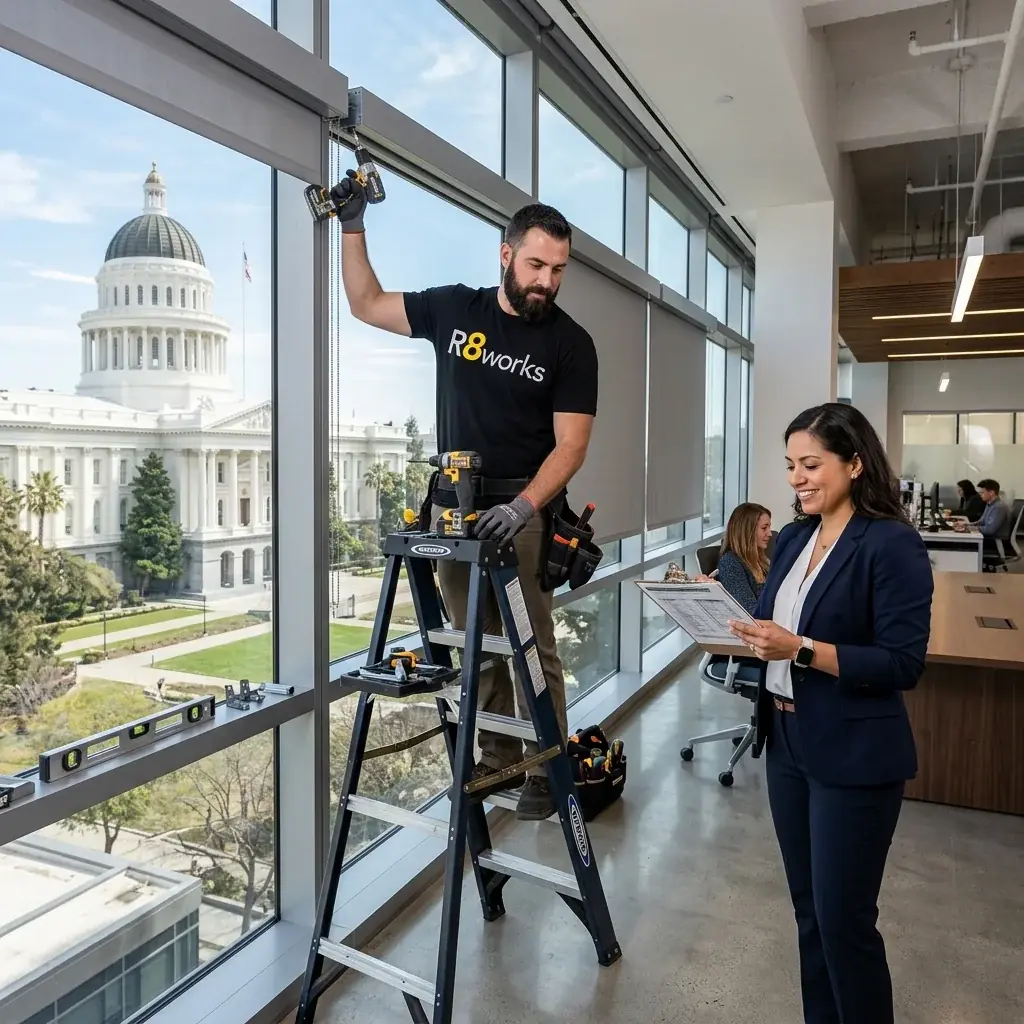 Commercial blind installation in Sacramento — an R8Works tech on a ladder while a facilities manager checks the schedule, State Capitol dome behind