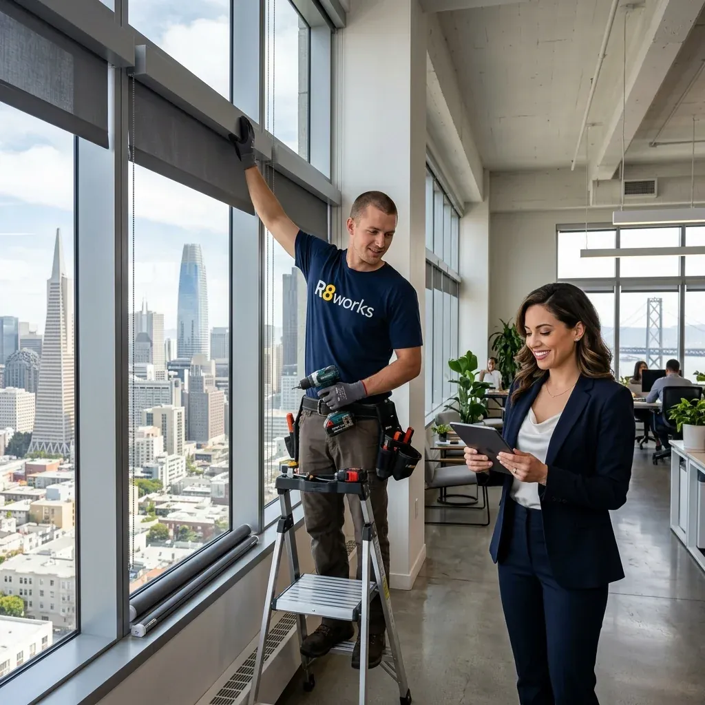 Commercial blind installation in San Francisco — an R8Works tech fitting office shades while a property manager reviews the order on a tablet