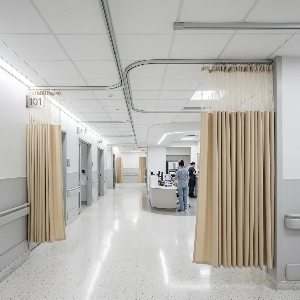 Perfectly installed commercial privacy tracking systems and hospital curtains in a San Mateo medical facility