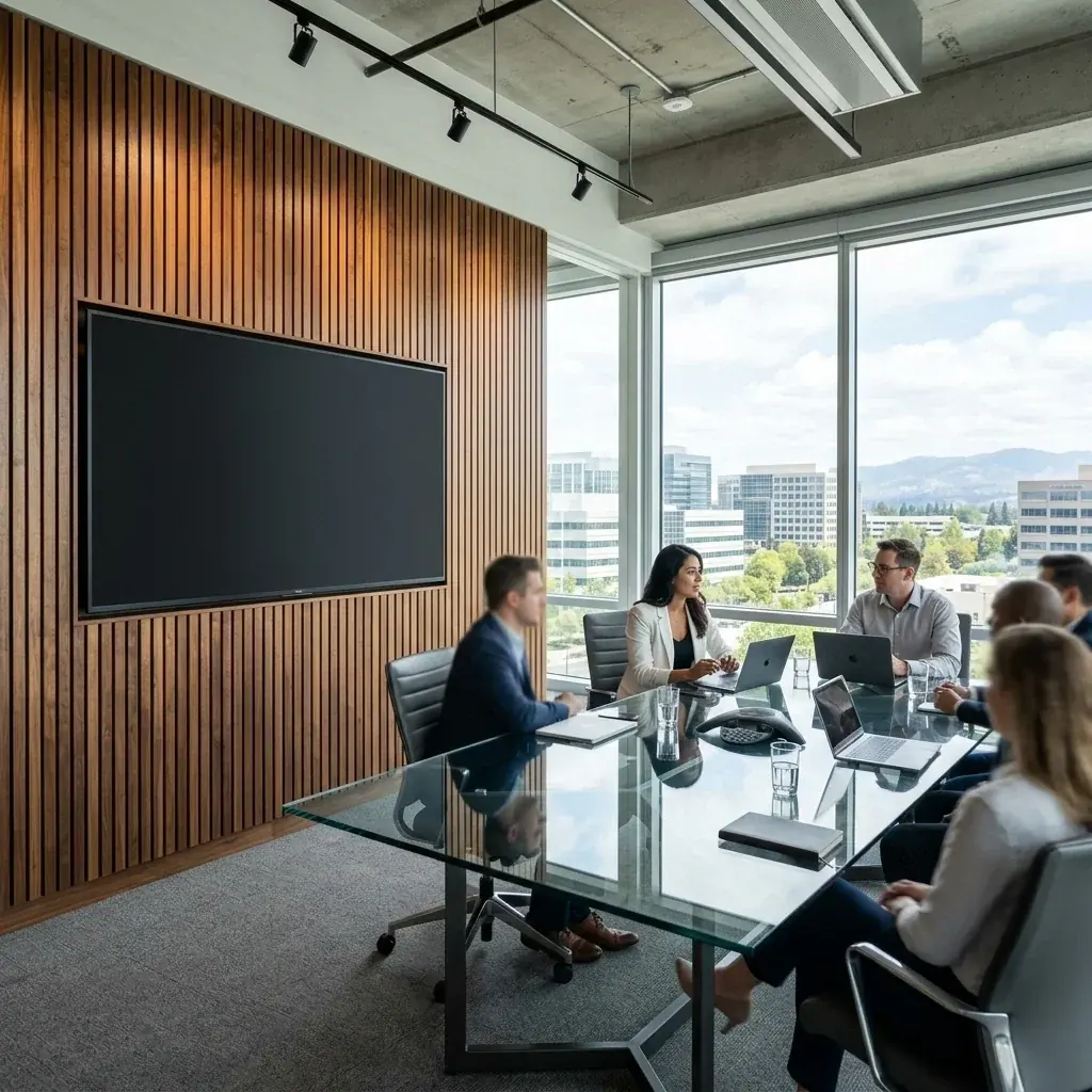 Commercial TV mounting in Palo Alto — a wide display mounted on a fluted wood wall in a conference room while a meeting runs beside it