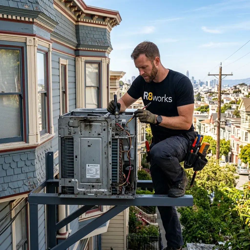 Commercial AC installation in Bernal Heights — an R8Works tech servicing a bracket-mounted air conditioner on the outside of a Victorian building
