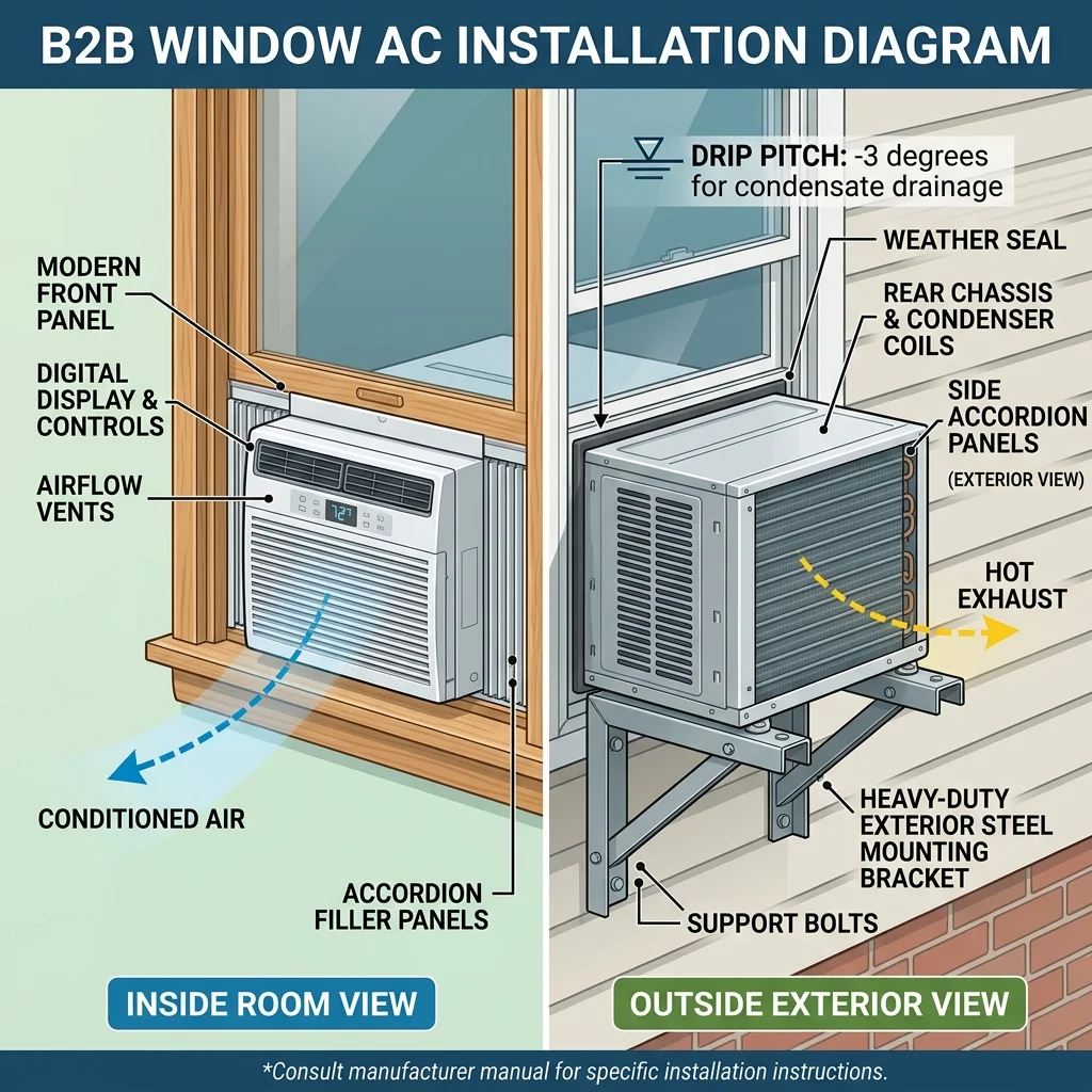 Window AC installation diagram for Covell Park, Davis — inside and exterior views labelling the weather seal, condenser coils, accordion filler panels and the heavy-duty steel mounting bracket, with the three-degree drip pitch that carries condensate away from the wall.