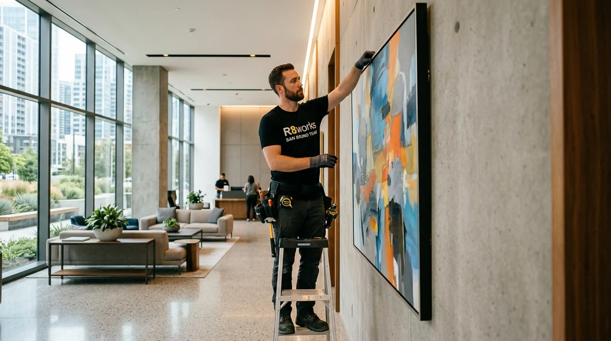 Commercial art installation in San Bruno. An R8Works technician hangs a large abstract painting in a modern corporate lobby.