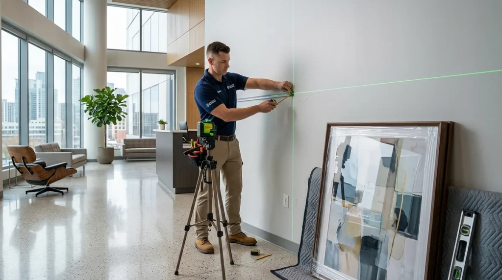 Commercial art hanging in San Francisco — an R8Works technician securing framed artwork in a corporate lobby while a property manager reviews the layout.