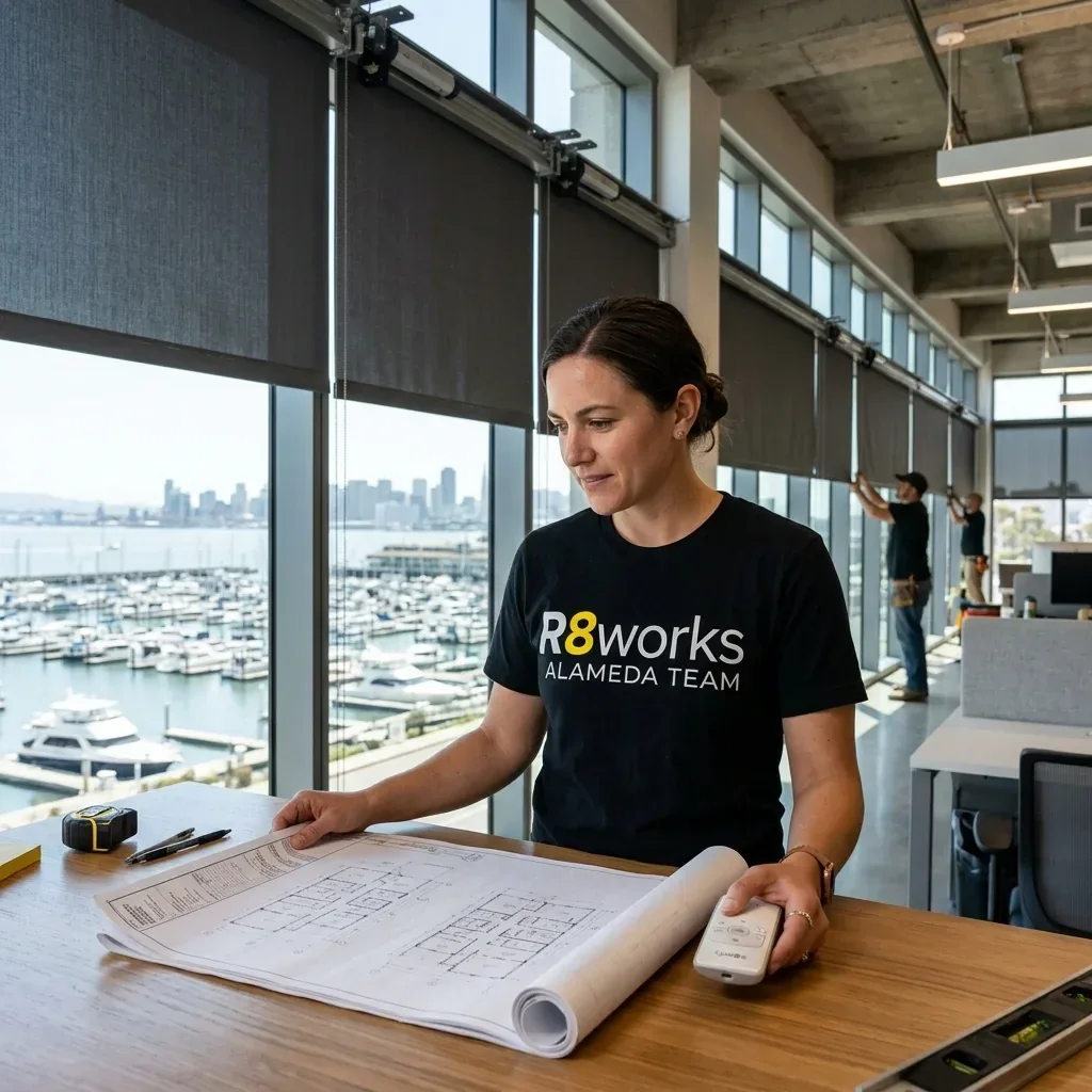Commercial motorized shade installation in Alameda — an R8Works Alameda Team tech reading a shop drawing at an office table beside the finished shades