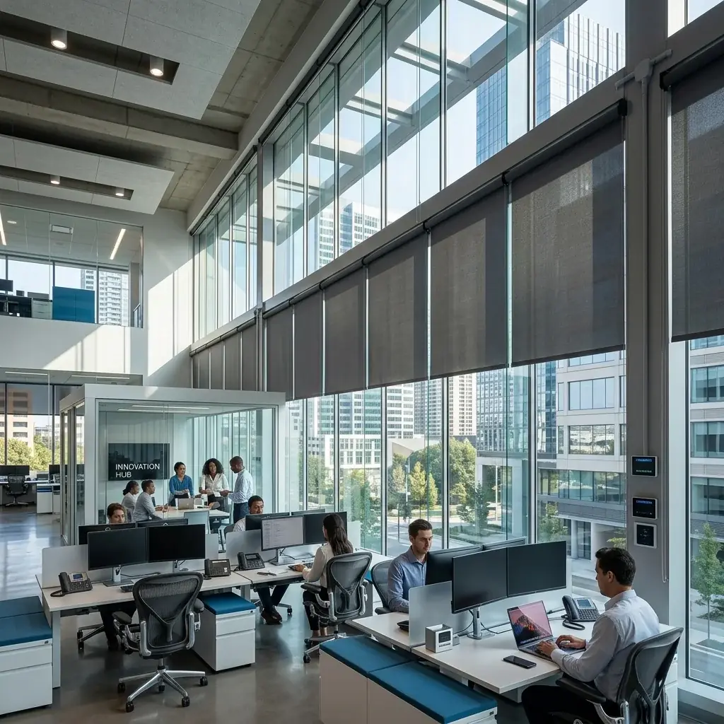 Commercial motorized shade installation in Davis — motorized roller shades lowered across a full window wall in a working open-plan office