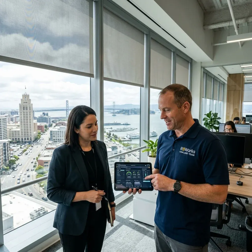 Commercial motorized shade installation in Oakland — an R8Works tech showing a facilities manager the shade control app on a tablet