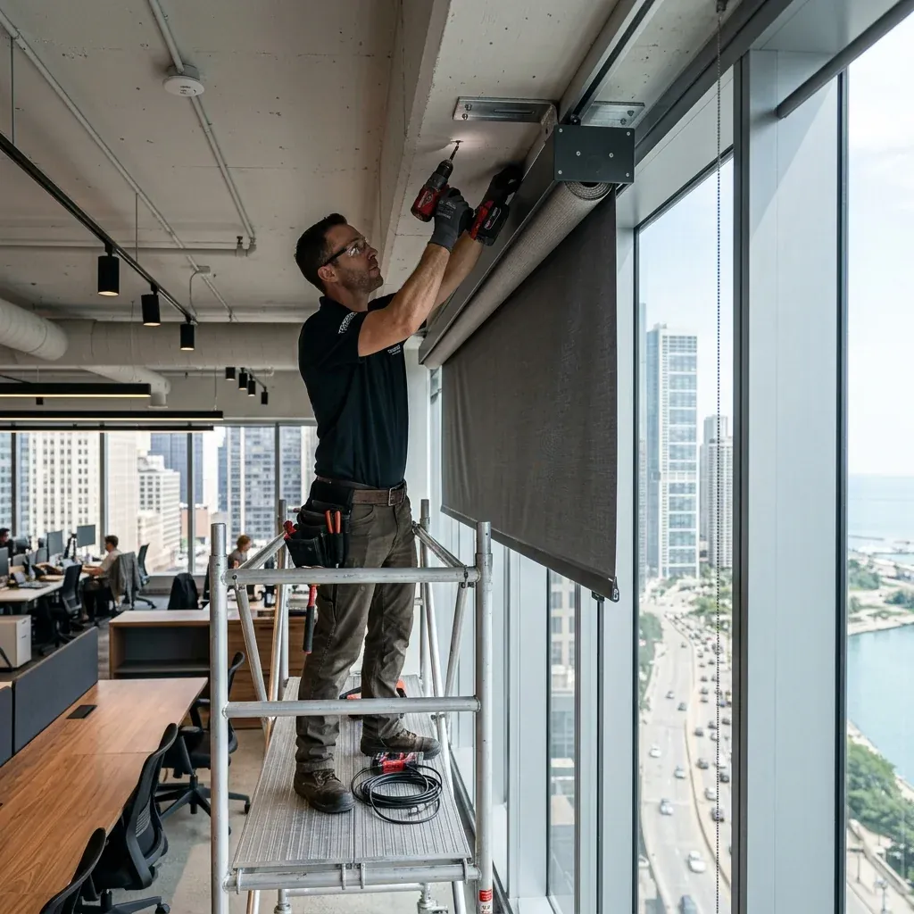 Commercial motorized shade installation in Sacramento — an R8Works tech on a platform fitting a motorized shade headrail above an office floor