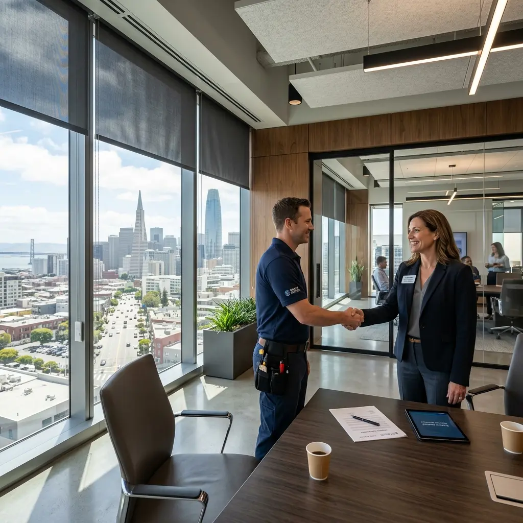 Commercial motorized shade installation in San Francisco — an R8Works tech and a property manager agreeing a schedule in a boardroom above the city