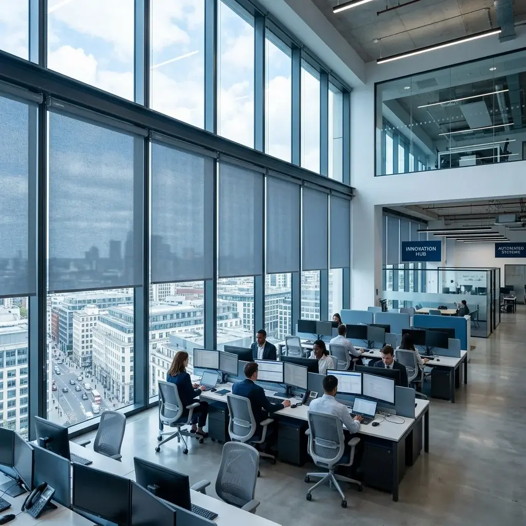 Commercial motorized shade installation in San Jose — motorized shades fitted across the glazed elevation of a working open-plan office