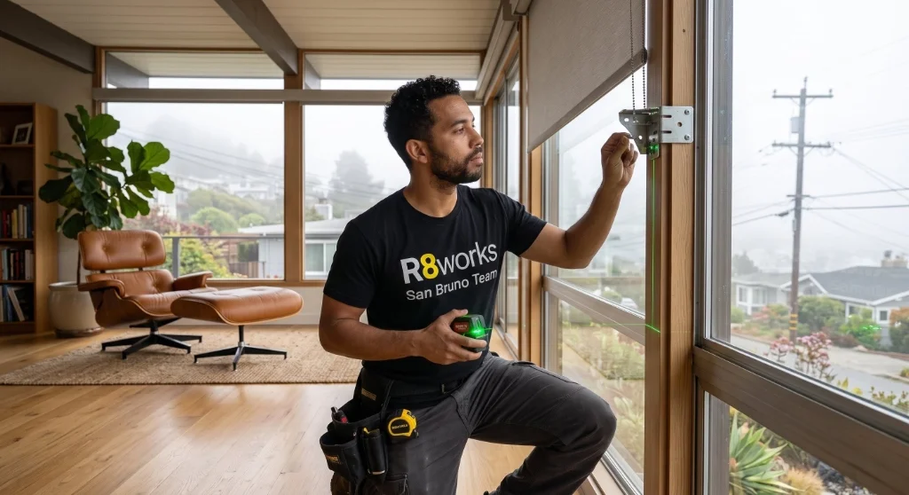 Commercial motorized shade installation in San Mateo — an R8Works tech handing over the shade control dashboard at an office reception desk