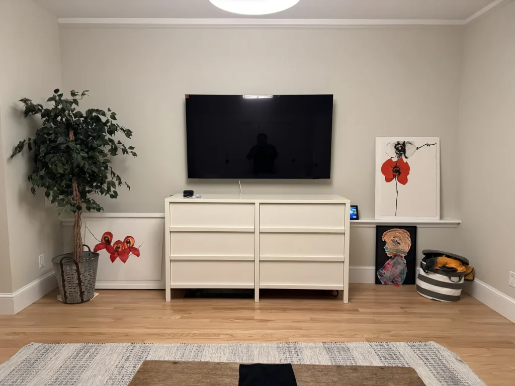 Flat screen mounted flush to the wall above a dresser in a San Francisco living room, with the cable dropped straight to the unit below