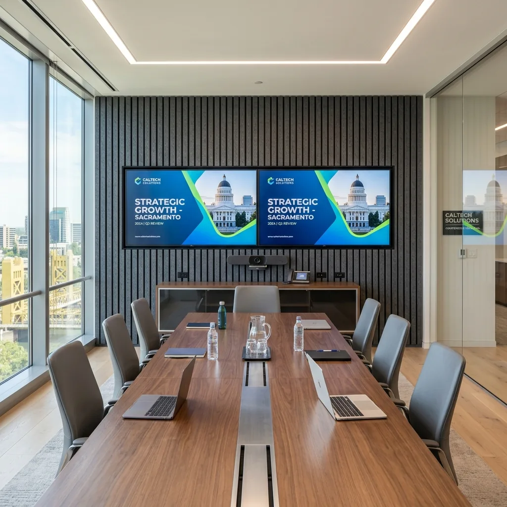 Conference-room media wall in Sacramento — dual displays and a video bar on a dark acoustic-panel wall, Tower Bridge in the window