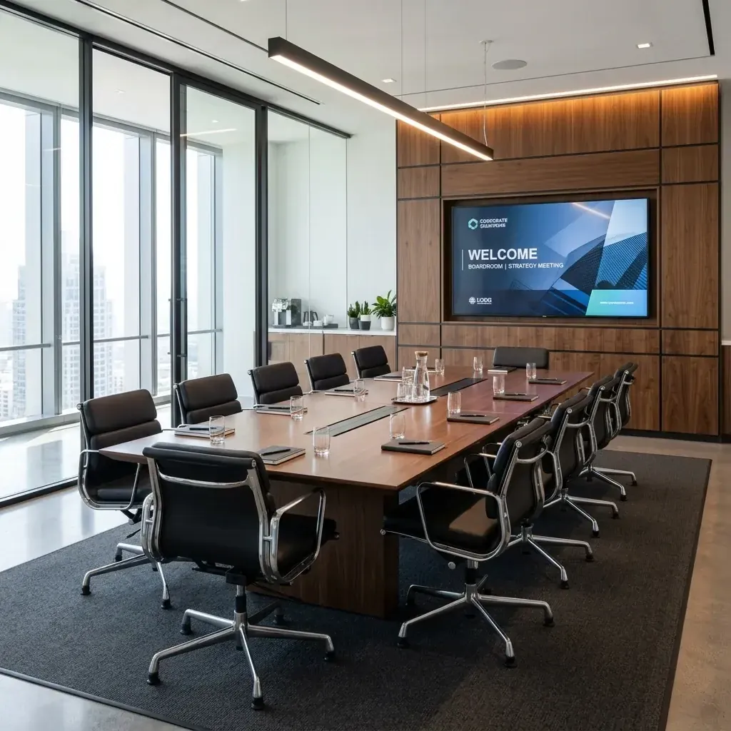 Commercial TV mounting in Alameda — a large display mounted flush on the wood wall of a boardroom, cabling fully concealed behind it