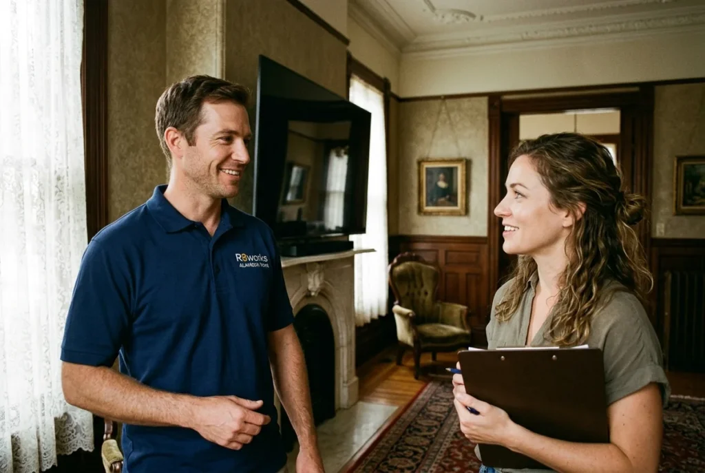 A TV mounting technician in a navy polo discussing plans with an interior designer holding a clipboard in a staged historic Victorian room in the Gold Coast