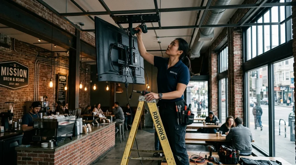 An R8Works technician installing a large digital display from the steel ceiling of a Mission District coffee shop, with exposed brick walls and Edison bulb lighting in the background.