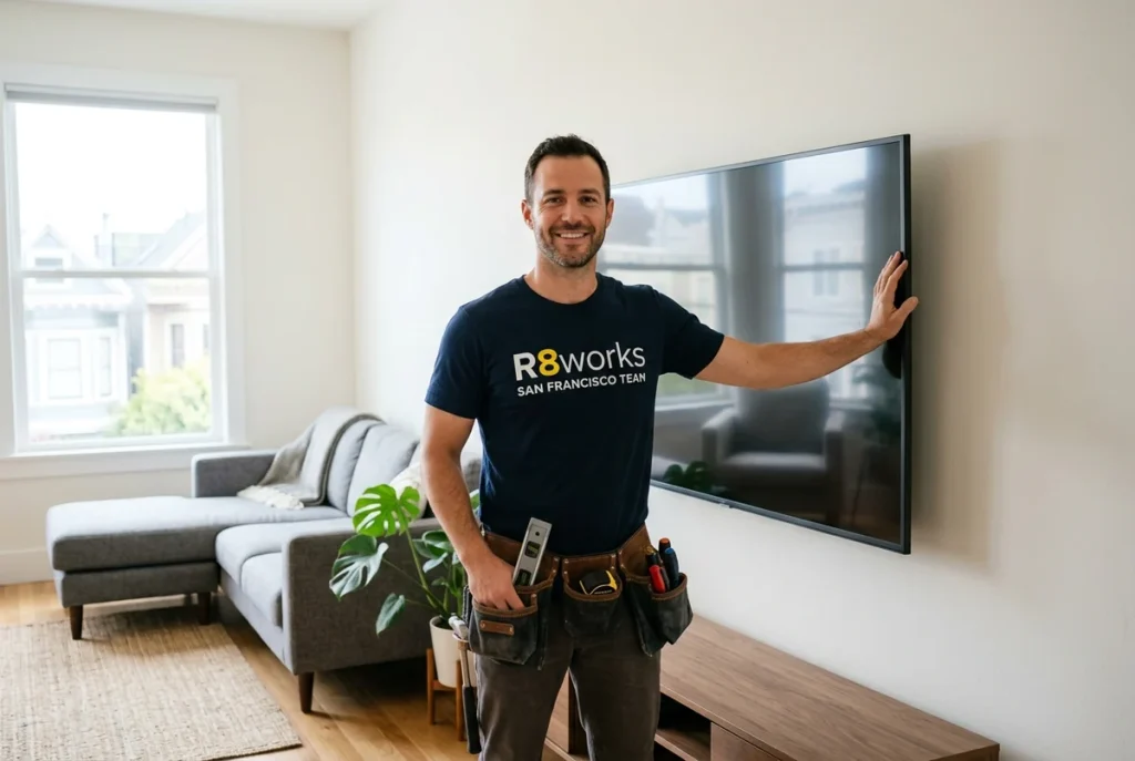 R8Works San Francisco technician standing next to a wall-mounted TV in a Nob Hill apartment, tool belt on, job complete