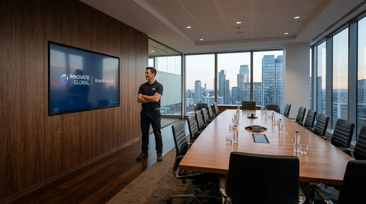 Commercial TV mounting in Oakland — a large display mounted flush on a boardroom wall, cabling fully concealed behind it