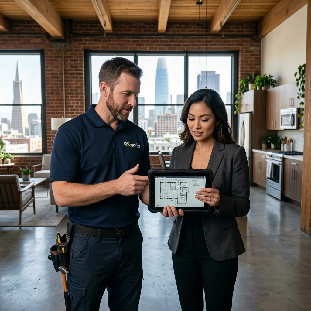 R8Works technician and property manager discussing TV mounting for a Potrero Hill condo.