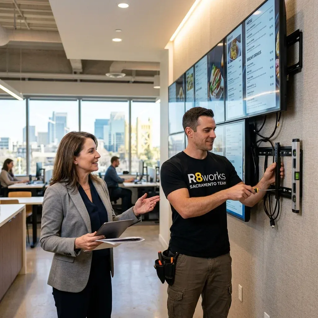 Commercial TV mounting in Sacramento — an R8Works Sacramento Team tech fitting a video wall bracket while the office manager reviews the layout