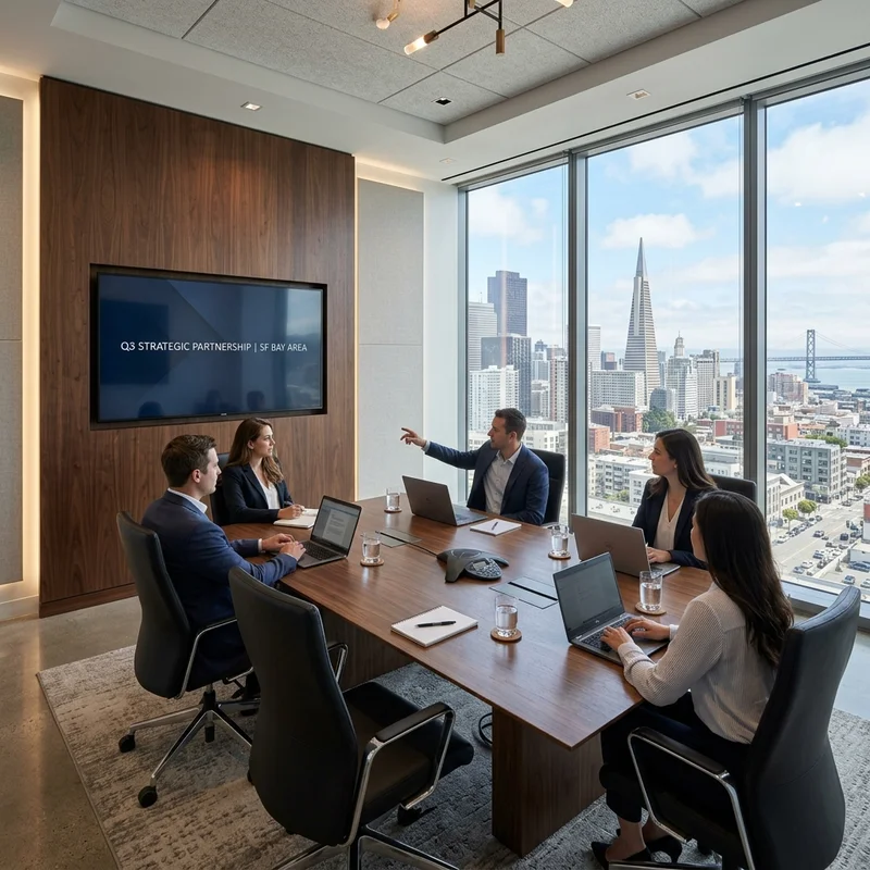 Commercial TV mounting in San Francisco — a boardroom display mounted above the city skyline, presenting to the team seated at the table