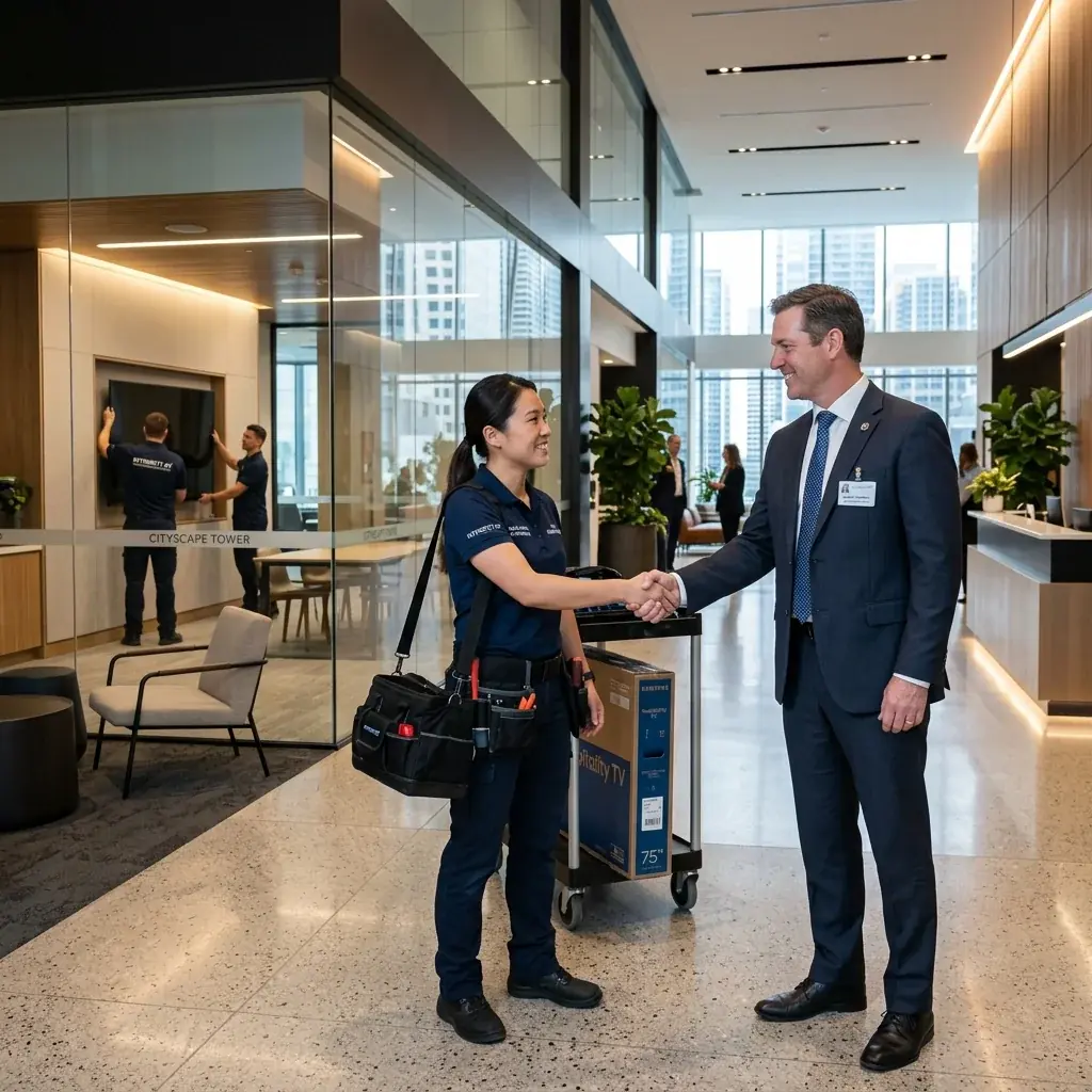 Commercial TV mounting in San Jose — an R8Works tech arriving with tools and meeting the facilities lead in an office lobby