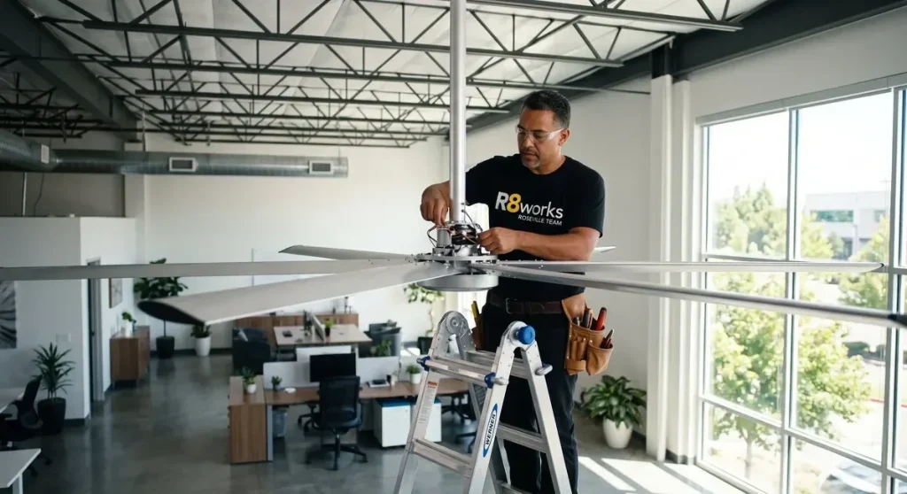A technician on a ladder assembles a large-diameter commercial ceiling fan beneath the exposed steel trusses of an open-plan Roseville office, with workstations and plants on the floor below.