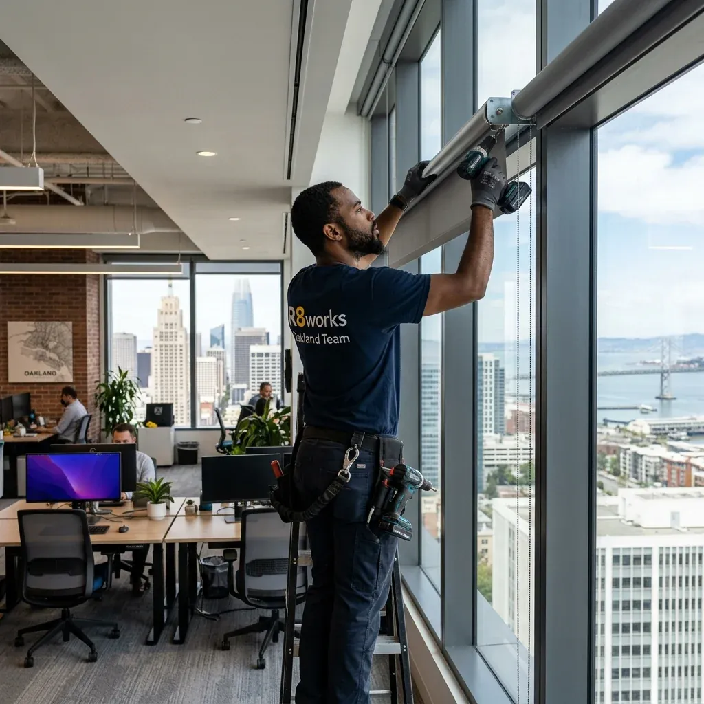 Commercial blind installation in Oakland — an R8Works Oakland Team tech fitting a roller shade along the window wall of an open-plan office