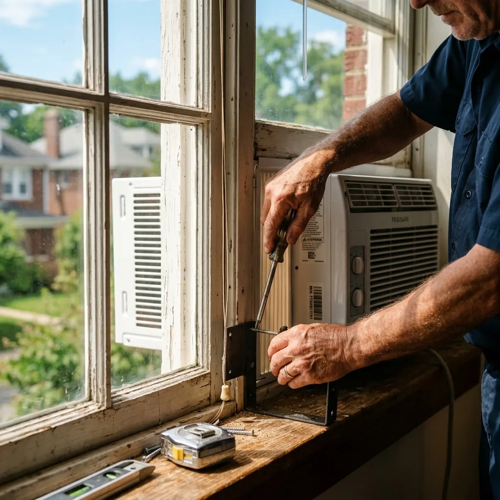 A person's hands carefully securing a window AC unit into a vintage wooden window frame using a screwdriver and a mounting bracket