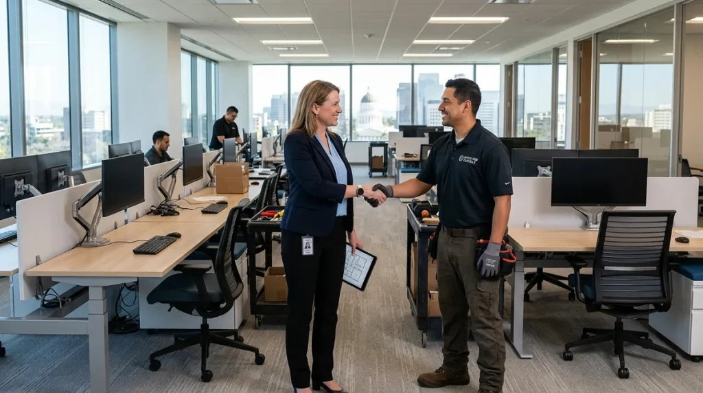 Commercial furniture assembly in Sacramento — a project manager and an R8Works tech shaking hands in a newly assembled corporate office space