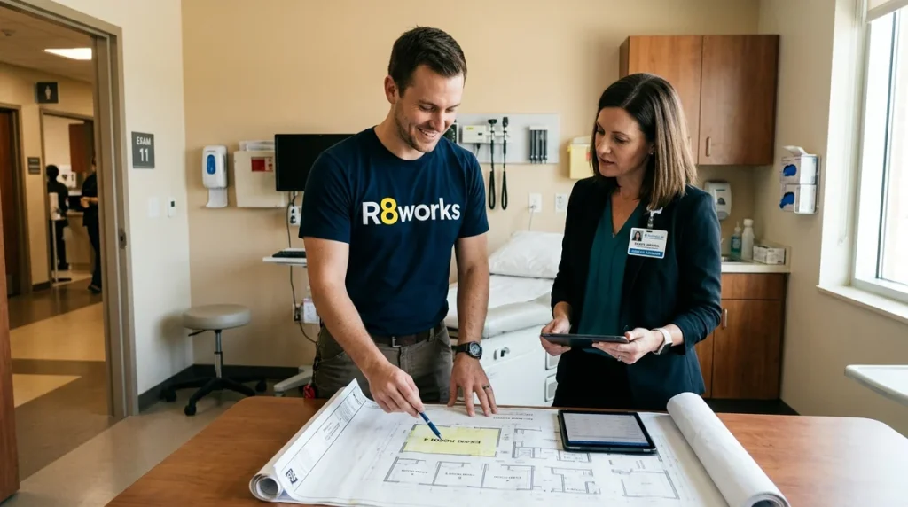 R8Works technician and a medical facility manager reviewing ceiling track blueprints in a commercial healthcare clinic