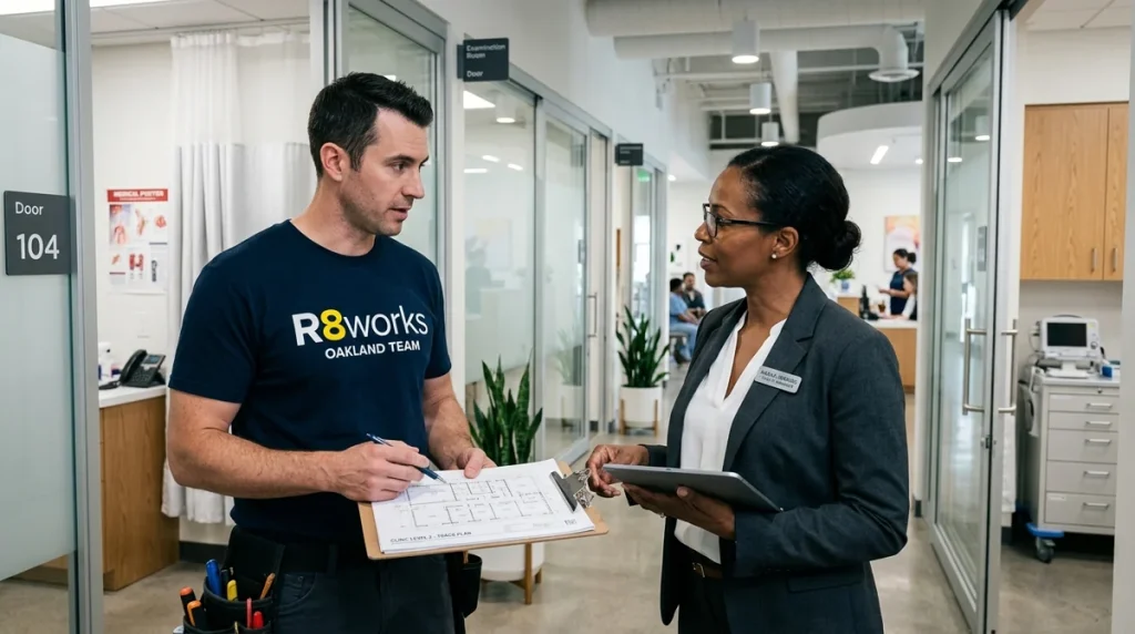 An R8works technician discussing hospital curtain track installation plans with a healthcare facility manager in a modern Oakland clinic.
