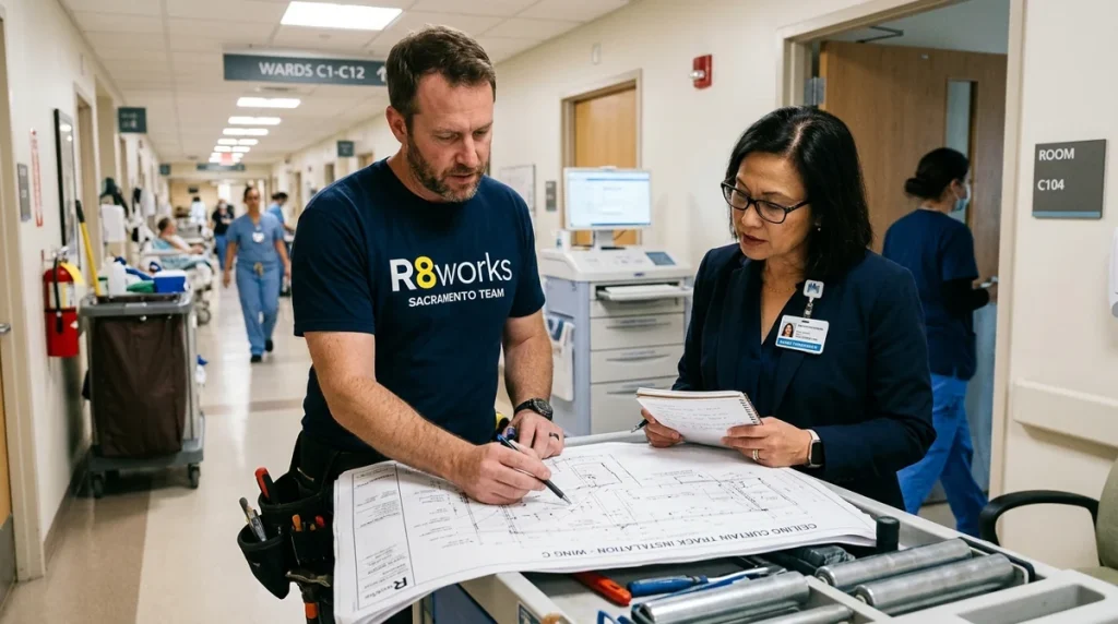 Commercial hospital curtain track blueprints review in Sacramento. B2B healthcare facility curtain installation.