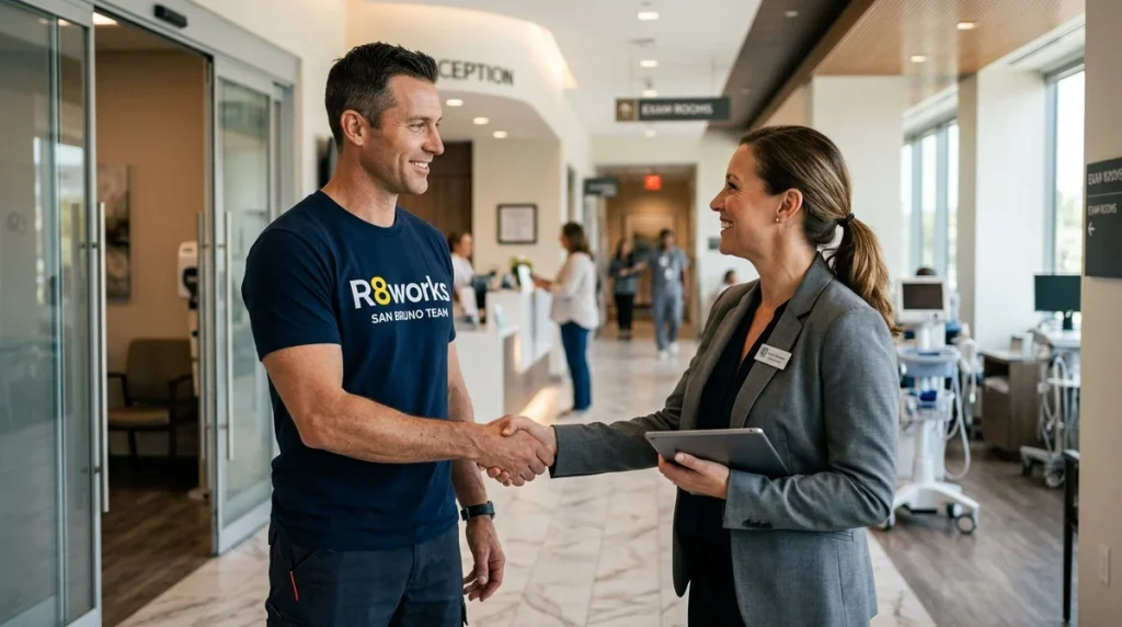 A professional technician shaking hands with a medical facility manager in a bright, modern San Bruno outpatient clinic corridor.