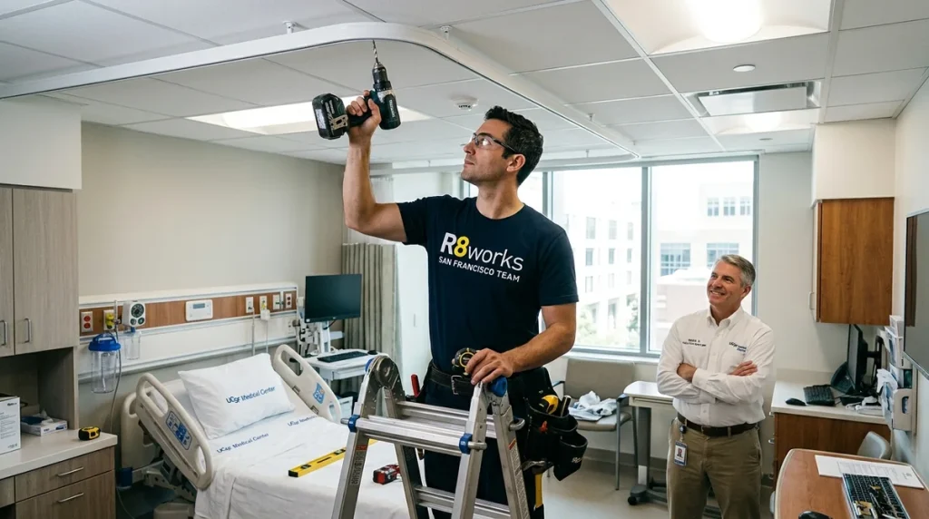 Commercial hospital curtain track installation in San Francisco — an R8Works technician securing ceiling tracks while a facilities manager observes in a patient room