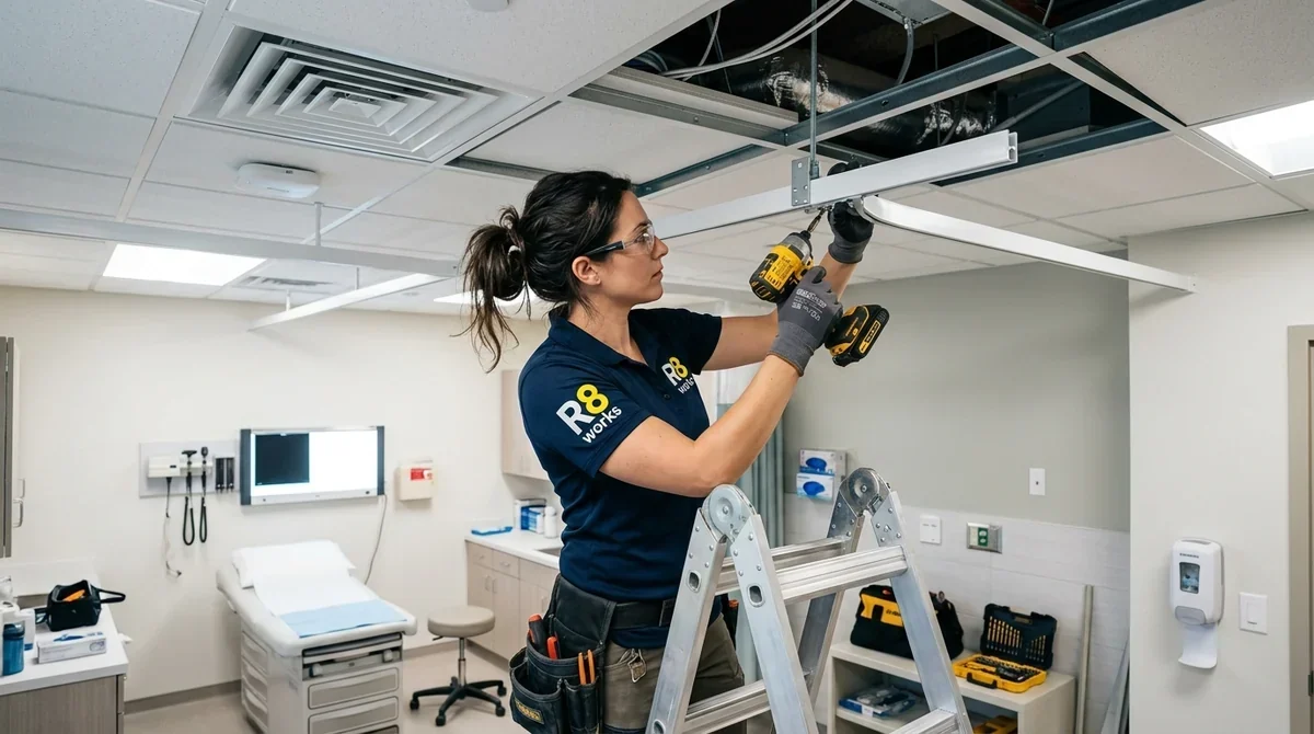 Commercial hospital curtain installation — an R8Works tech securing a new ceiling track to a suspended grid in a medical exam room