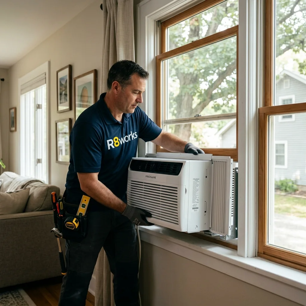 A professional technician securely installing a modern window air conditioning unit in a residential window