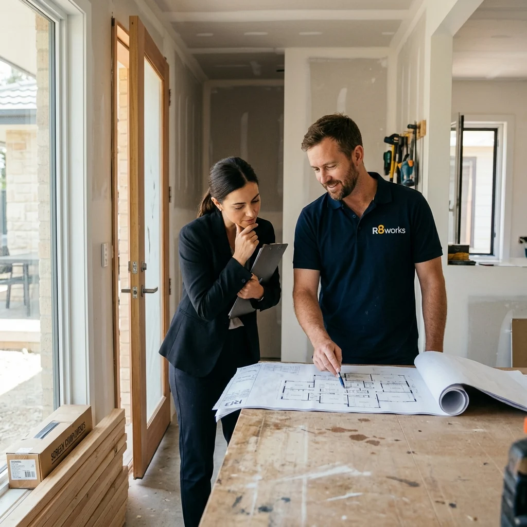 R8Works technician discussing volume installation plans with a property manager at an entryway