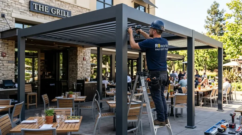Commercial pergola and outdoor dining installation in Daly City