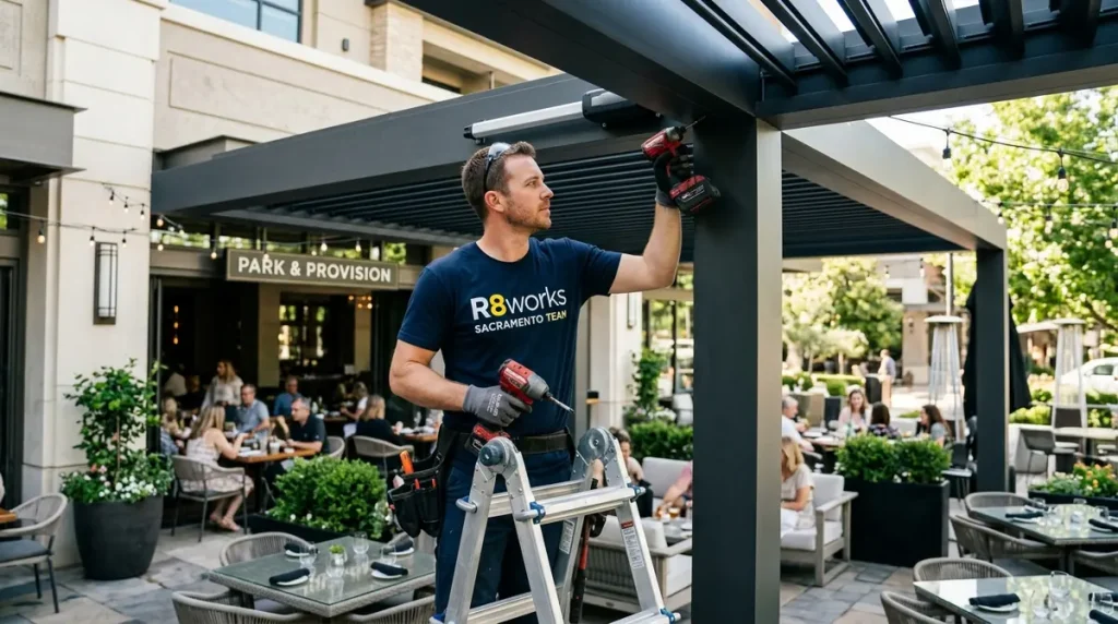 Commercial louvered pergola installation for a Folsom business.