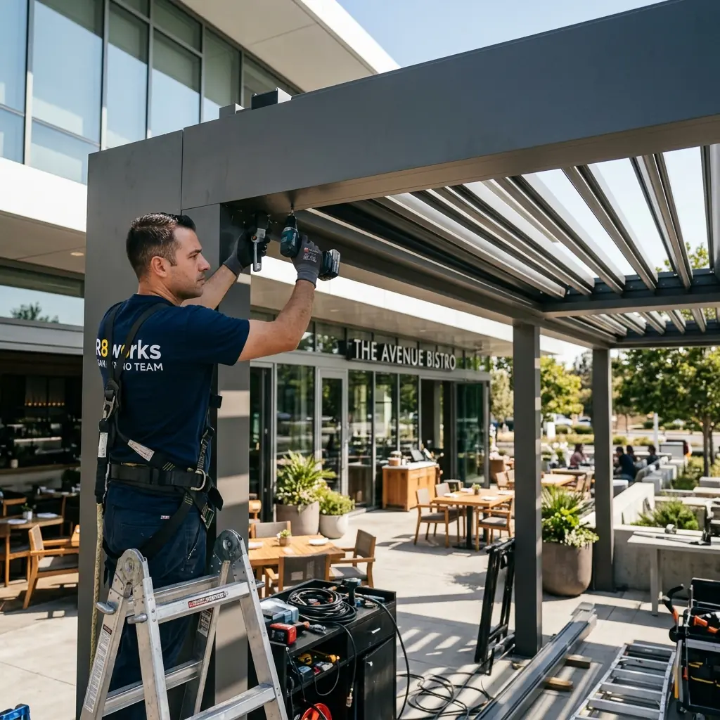 A professional technician installing a commercial motorized aluminum pergola over a modern outdoor restaurant patio in San Bruno.
