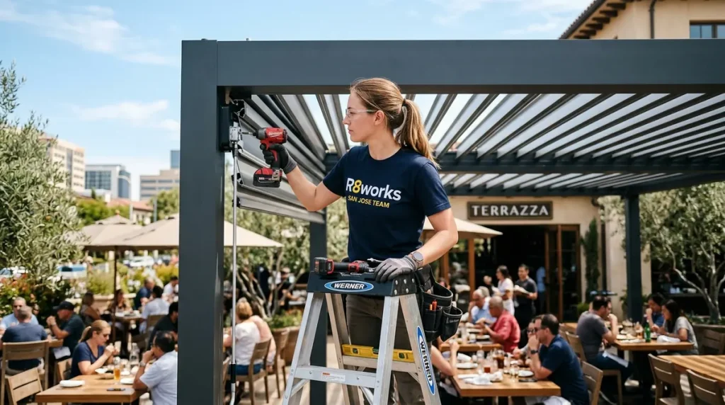 Female technician installing a bioclimatic louvered pergola for a commercial outdoor restaurant in San Jose