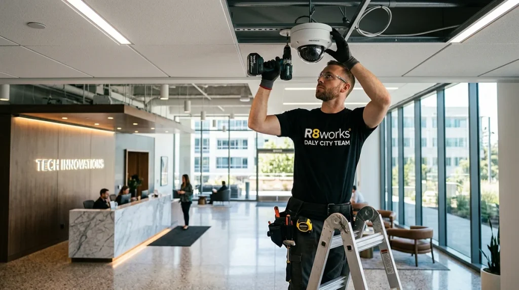 Professional technician installing a commercial-grade security camera dome on the ceiling of a modern, upscale office building lobby in Daly City, California.
