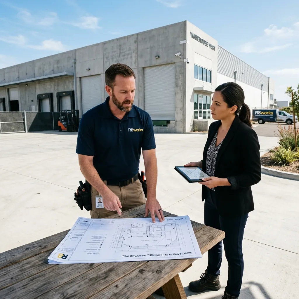 R8Works technician discussing a commercial surveillance blueprint with a warehouse property manager outside a Lathrop logistics center.