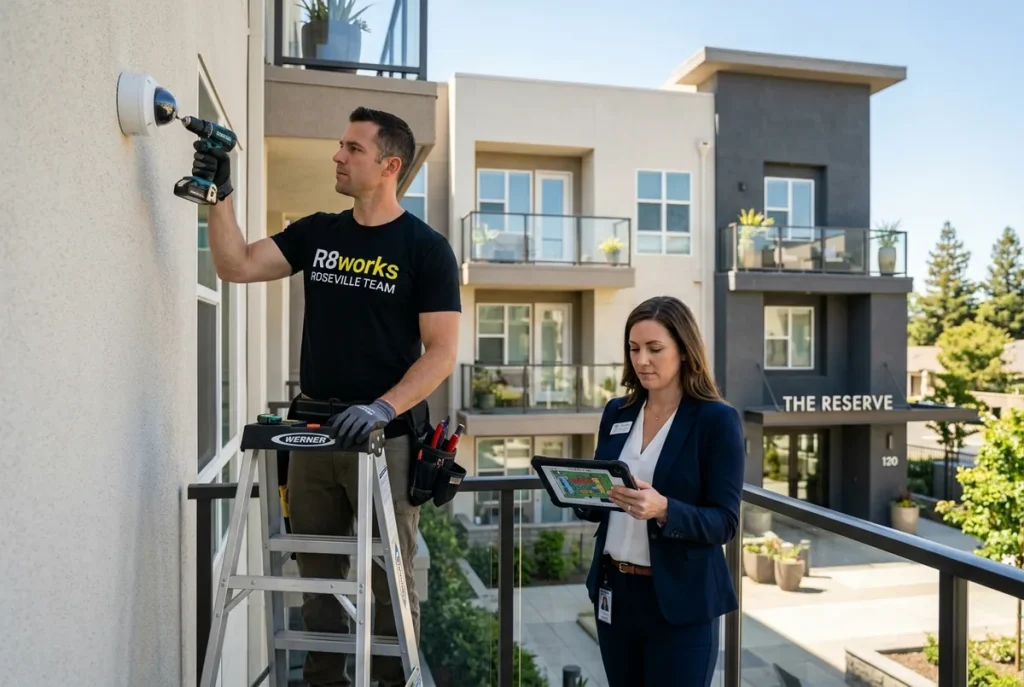 R8Works technician mounting a commercial PoE security camera on the stucco exterior of a Roseville apartment complex while a property manager reviews the camera coverage plan on a tablet