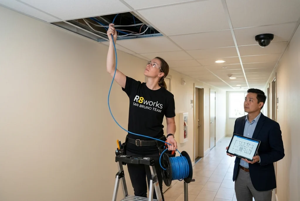 R8Works tech routing Cat6 cable through a drop ceiling in a San Bruno apartment corridor while a property manager reviews the dome camera layout on a tablet