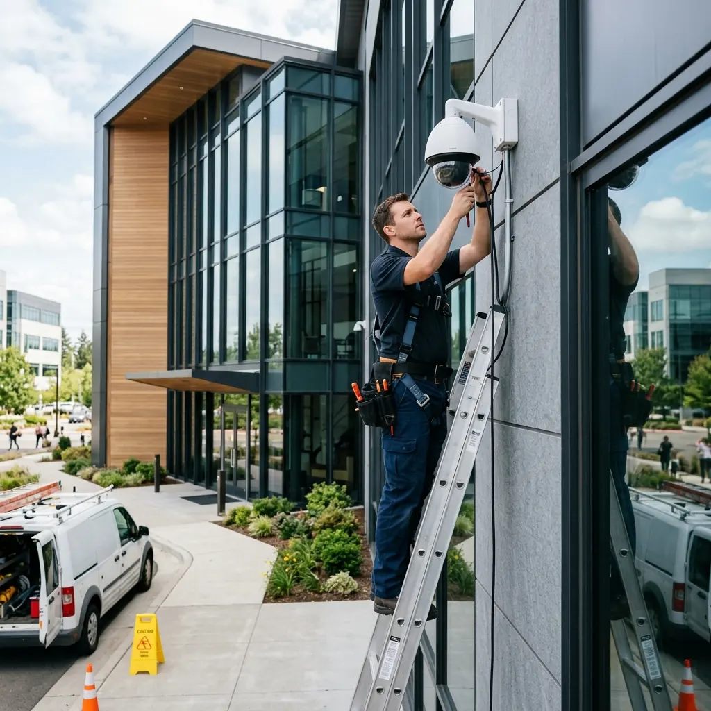 Commercial security camera installation in San Francisco — an R8Works tech on a ladder at a glass office entrance installing a camera.
